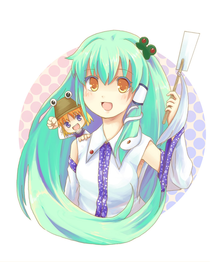 toda ayu, kochiya sanae, moriya suwako, touhou, bad id, bad pixiv id, 2girls, chibi, detached sleeves, female focus, green hair, hat, multiple girls, upper body, white background, yellow eyes