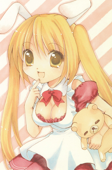usashiro mani, original, bad id, bad pixiv id, 1girl, animal ears, blonde hair, breasts, cleavage, female focus, long hair, medium breasts, rabbit ears, solo, stuffed animal, stuffed toy, twintails, very long hair, yellow eyes