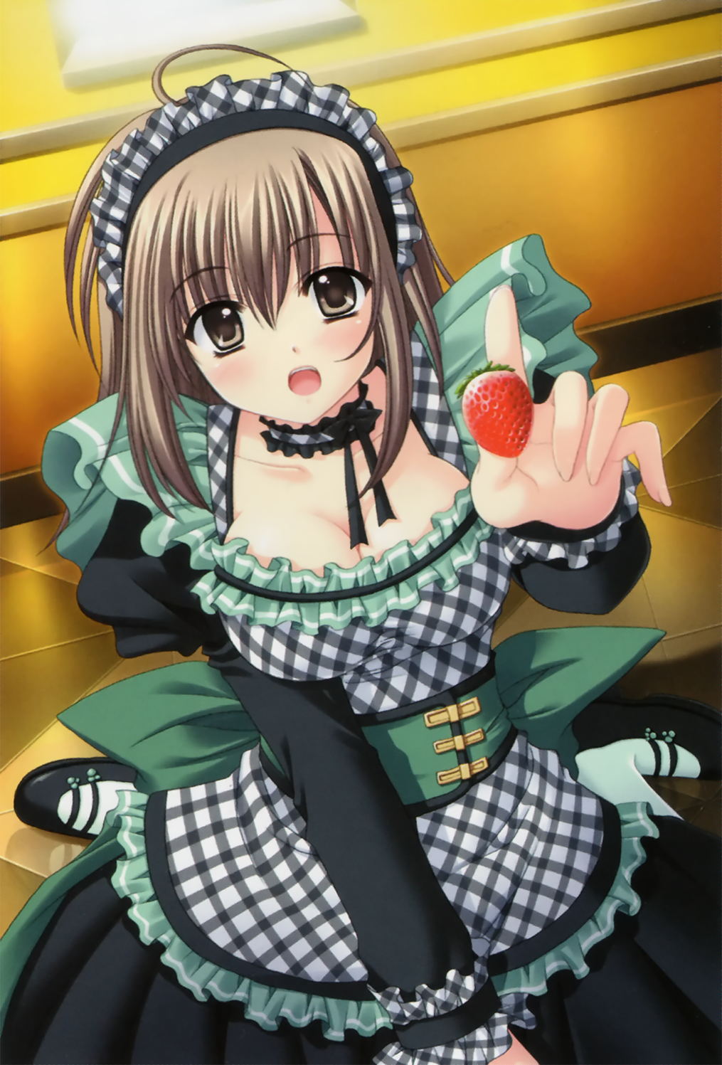 nishimata aoi, tamaizumi hiyoko, oretachi ni tsubasa wa nai, highres, 1girl, ahoge, blush, breasts, brown eyes, brown hair, cleavage, female focus, food, fruit, holding, holding food, holding fruit, large breasts, short hair, solo, strawberry, waitress
