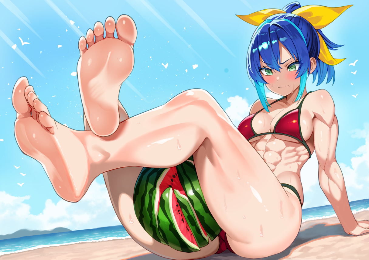 murata taichi, serena (yu-gi-oh!), yu-gi-oh!, yu-gi-oh! arc-v, commission, skeb commission, 1girl, abs, beach, bikini, blue hair, breasts, crushing, food, fruit, green eyes, hair ribbon, medium breasts, muscular, muscular female, ocean, ponytail, red bikini, ribbon, sitting, solo, swimsuit, watermelon, watermelon between thighs