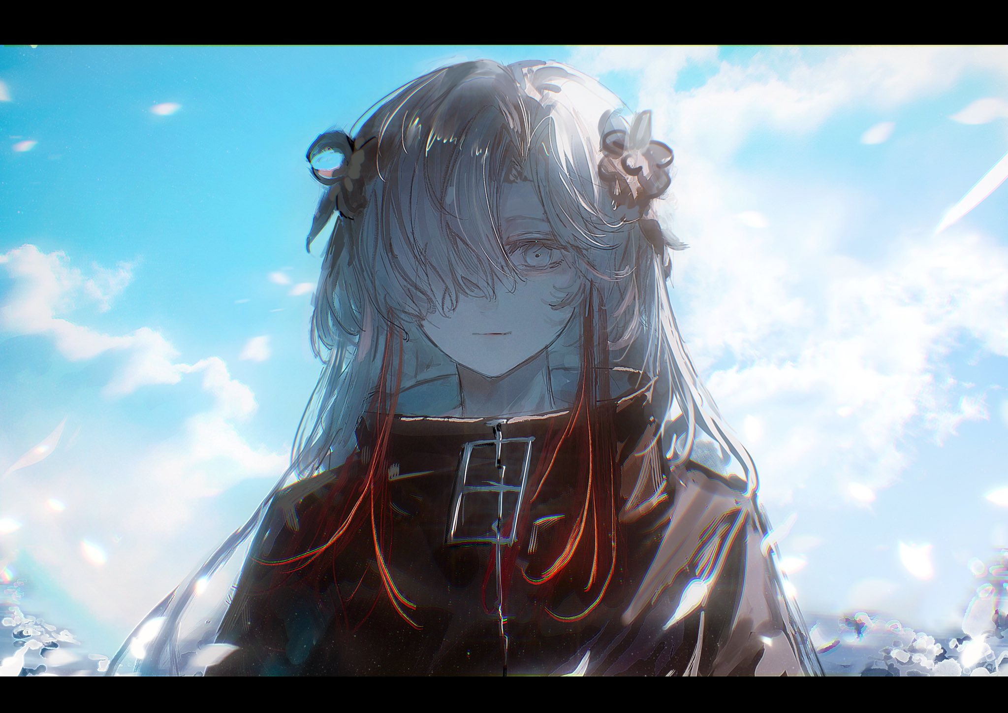 yu wyan, isekaijoucho, kamitsubaki studio, highres, 1girl, black coat, blue sky, coat, flower, grey eyes, grey hair, hair flower, hair ornament, hair over one eye, letterboxed, light smile, long hair, looking at viewer, multicolored hair, red hair, sky, solo, two-tone hair, upper body