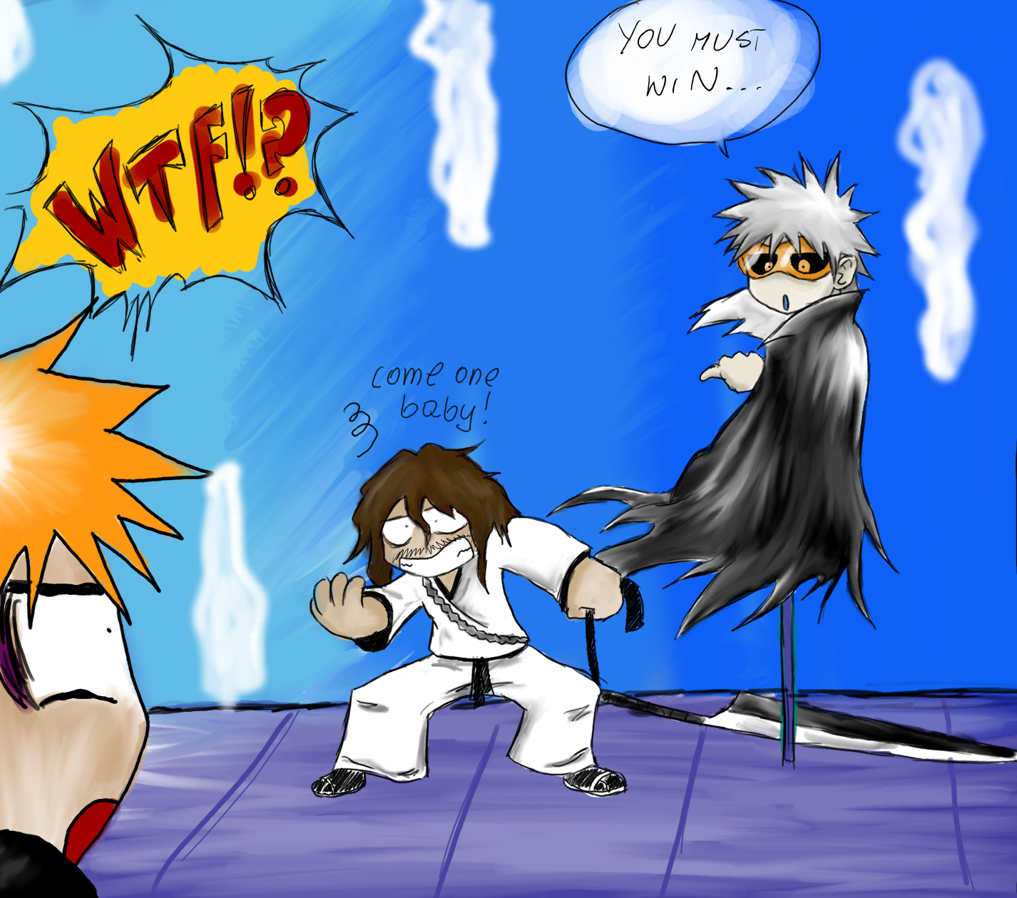 kurosaki ichigo, zangetsu, bleach, highres, fighting, glasses, orange hair, role reversal, sword, weapon