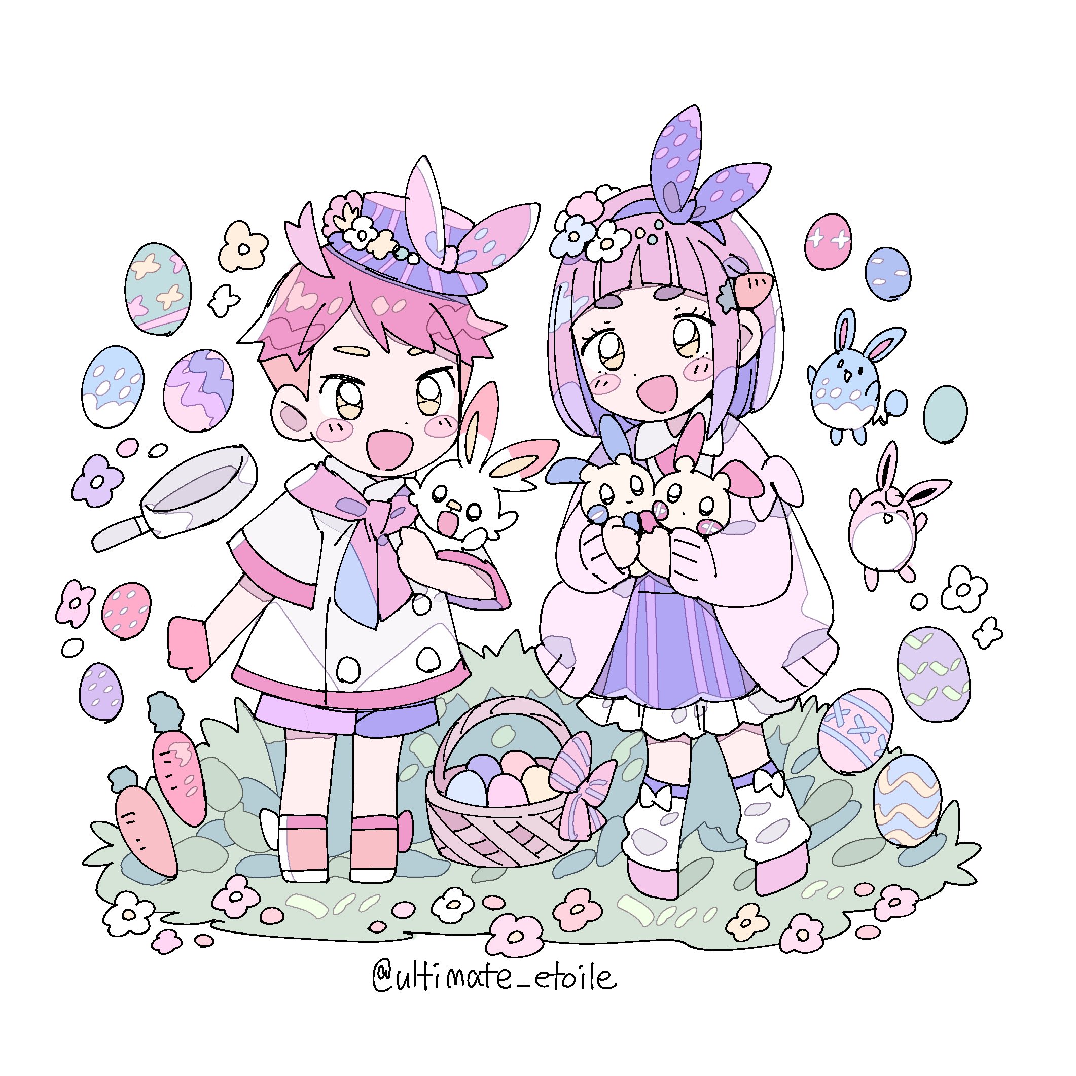 remoooon, azumarill, crispin (pokemon), lacey (pokemon), minun, plusle, scorbunny, wigglytuff, nintendo, pokemon, pokemon sv, highres, 1boy, 1girl, :d, alternate costume, arched bangs, basket, blush stickers, bow, cardigan, carrot, carrot hair ornament, chibi, dress, easter egg, egg, food-themed hair ornament, frying pan, full body, gen 1 pokemon, gen 2 pokemon, gen 3 pokemon, gen 8 pokemon, hair ornament, hairband, hairclip, hat, holding, holding pokemon, jacket, leg warmers, long sleeves, looking at viewer, multicolored hair, on grass, open mouth, orange hair, orange shoes, pink bow, pink cardigan, pink hair, pink scarf, pink shoes, pink shorts, pokemon (creature), purple dress, purple hairband, purple hat, rabbit, red hair, scarf, shoes, short hair, shorts, simple background, smile, standing, twitter username, two-tone hair, white background, white bow, white jacket, white leg warmers, yellow eyes