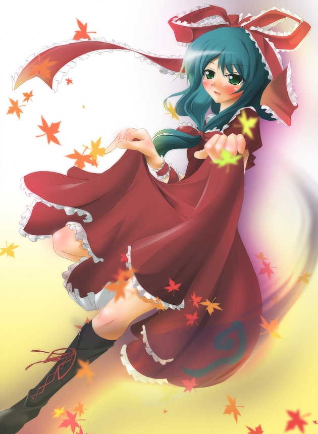 kuro inu, kuroinu (sonoba shinogi), kagiyama hina, touhou, 1girl, boots, female focus, front ponytail, green eyes, green hair, hair ribbon, leaf, matching hair/eyes, ribbon, solo