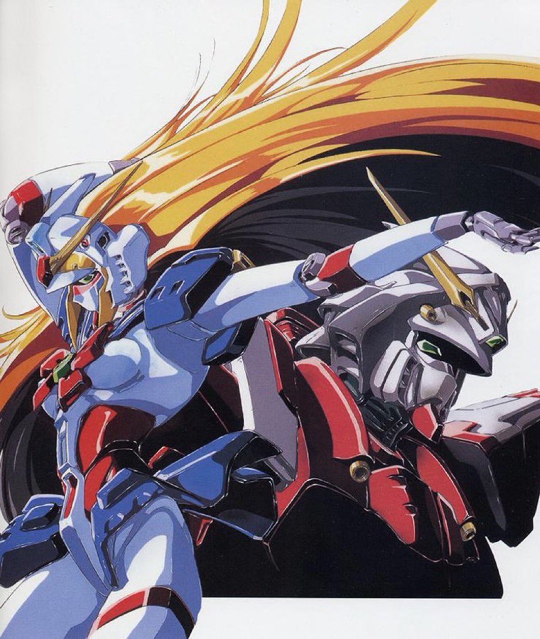 sano hirotoshi, nobel gundam, rising gundam, g gundam, gundam, highres, official art, blonde hair, bow, breasts, gem, green eyes, long hair, mecha, no humans, red bow, robot, science fiction, simple background, v-fin, white background