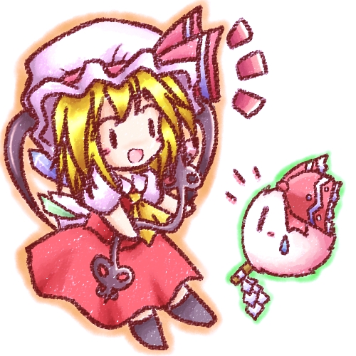 tilde (ice cube), flandre scarlet, hakurei reimu, kedama (touhou), touhou, bad id, bad pixiv id, lowres, 1girl, blonde hair, bow, chibi, cosplay, female focus, full body, gohei, hakurei reimu (cosplay), hat, hat ribbon, mob cap, ribbon, short hair, skirt, solo, white background, white hat, wings, | |