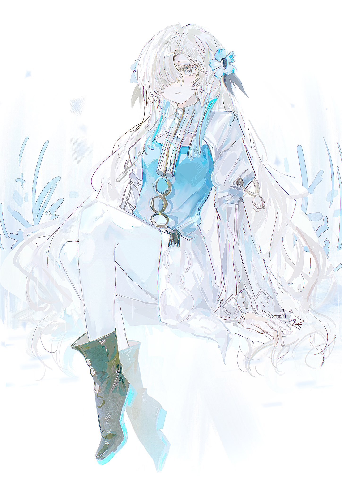 yu wyan, isekaijoucho, kamitsubaki studio, highres, 1girl, blue hair, boots, dress, expressionless, flower, full body, grey eyes, grey hair, hair flower, hair ornament, hair over one eye, long hair, looking at viewer, multicolored hair, pantyhose, sketch, solo, two-tone hair, very long hair, white pantyhose