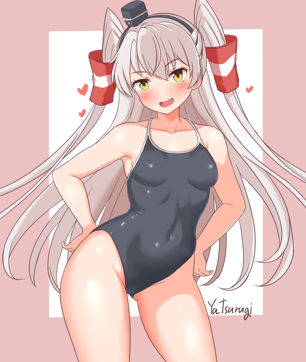 yatsurugi, amatsukaze (kancolle), kantai collection, 1girl, alternate costume, artist name, blush, breasts, brown eyes, competition swimsuit, cowboy shot, grey hair, hair tubes, highleg, long hair, looking at viewer, one-piece swimsuit, open mouth, pink background, small breasts, smile, solo, swimsuit, two side up