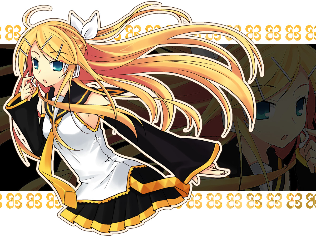 tamura hiro, kagamine rin, kagamine rin (future style), vocaloid, colorized, tagme, 1girl, aged up, alternate hair length, alternate hairstyle, blonde hair, blue eyes, detached sleeves, female focus, headset, long hair, necktie, skirt, solo, zoom layer