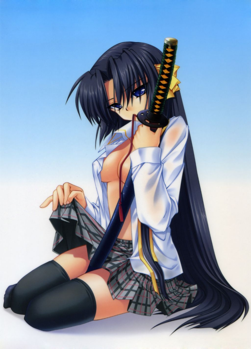 hinoue itaru, kurugaya yuiko, little busters!, highres, 1girl, black hair, black thighhighs, breasts, clothes lift, female focus, hair ribbon, katana, long hair, medium breasts, open clothes, open shirt, plaid clothes, plaid skirt, purple eyes, ribbon, school uniform, shirt, skirt, skirt lift, solo, sword, thighhighs, very long hair, weapon
