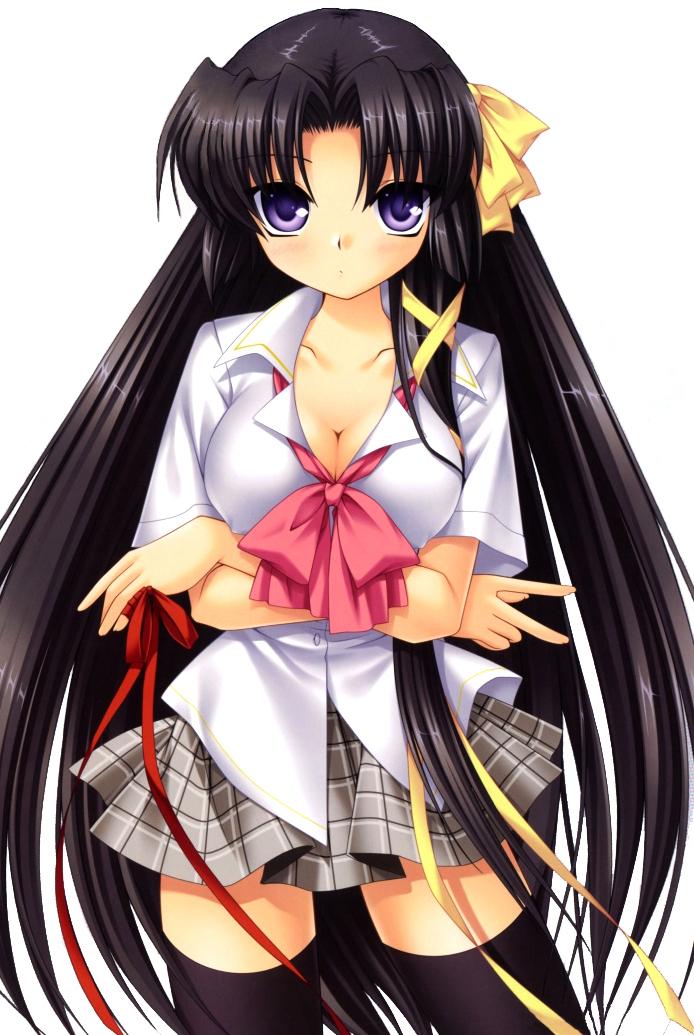 hinoue itaru, kurugaya yuiko, little busters!, 1girl, black hair, black thighhighs, bow, breasts, cleavage, female focus, hair ribbon, long hair, pink bow, plaid clothes, plaid skirt, purple eyes, ribbon, school uniform, simple background, skirt, solo, thighhighs, very long hair, white background, zettai ryouiki