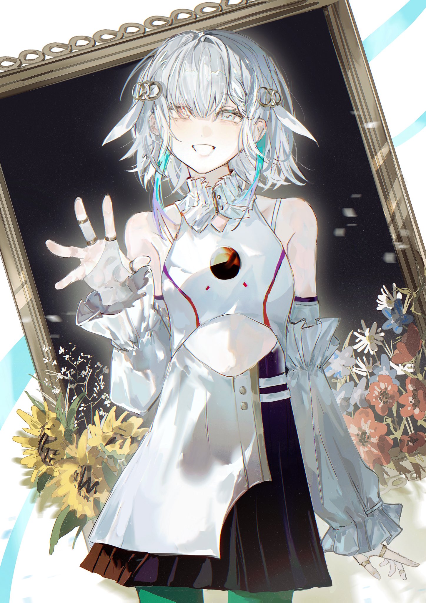 yu wyan, isekaijoucho, kamitsubaki studio, highres, 1girl, anemone (flower), bare shoulders, blue hair, detached sleeves, dress, flower, grey eyes, grey hair, heterochromia, looking at viewer, multicolored hair, nemophila (flower), picture frame, red eyes, short hair with long locks, smile, solo, sunflower, two-tone hair, virtual youtuber, waving
