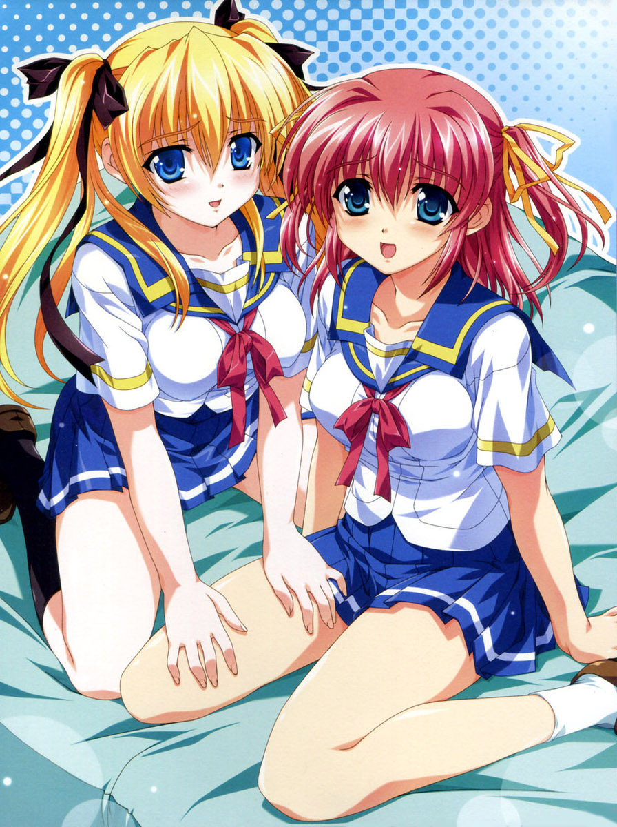 tsukasa yuuki, celes alford, shinonome yukako, natsumegu, highres, blonde hair, blue eyes, hair ribbon, red hair, ribbon, school uniform, sitting, twintails