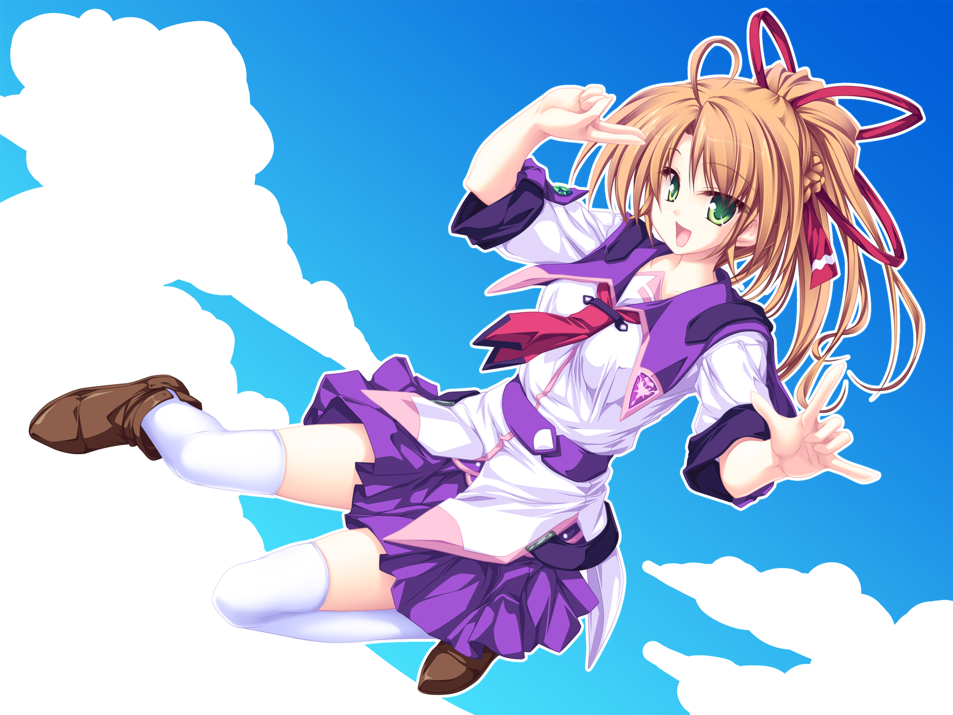 tenmaso, hoshiba sora, 77: and the two stars meet again, highres, 1girl, brown hair, cloud, day, female focus, green eyes, long hair, open mouth, ponytail, sky, solo, thighhighs, white thighhighs