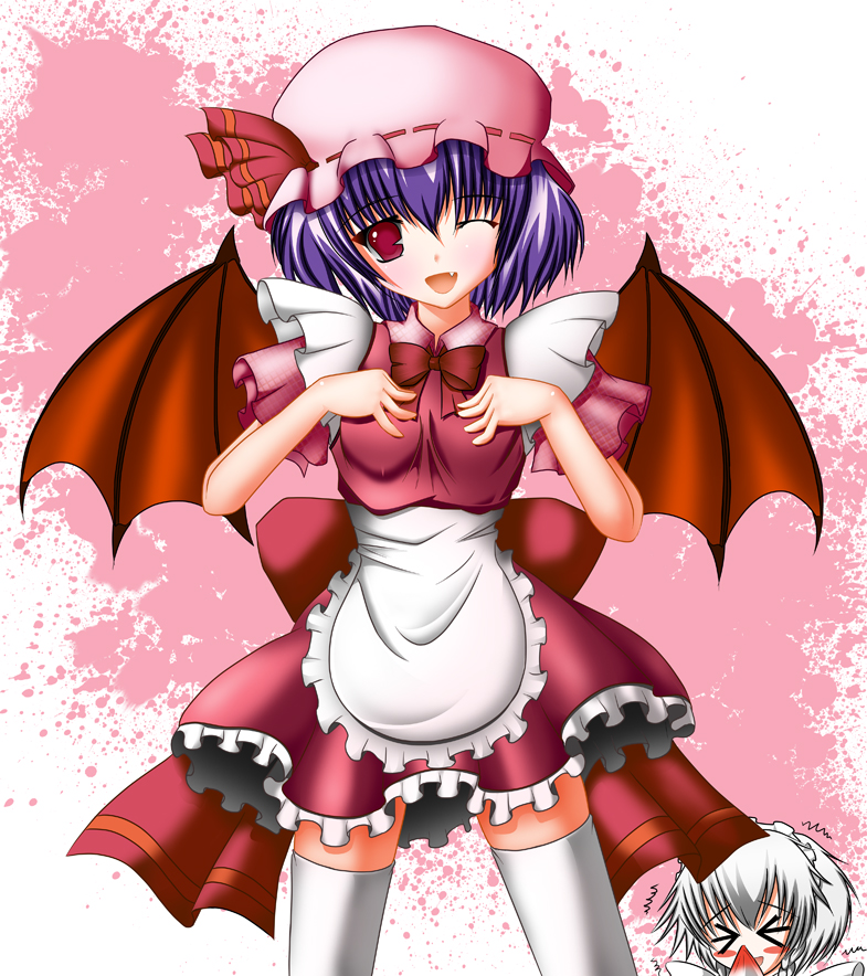 rushima, izayoi sakuya, remilia scarlet, touhou, silver hair, > <, 2girls, bat wings, blood, blue hair, braid, closed eyes, fang, female focus, hat, maid, multiple girls, nosebleed, one eye closed, red eyes, short hair, thighhighs, twin braids, wings, wink
