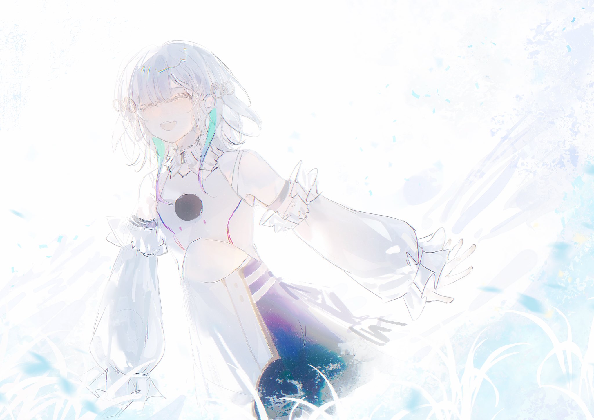 yu wyan, isekaijoucho, kamitsubaki studio, highres, 1girl, aqua hair, backlighting, closed eyes, detached sleeves, dress, short hair with long locks, smile, solo, white hair