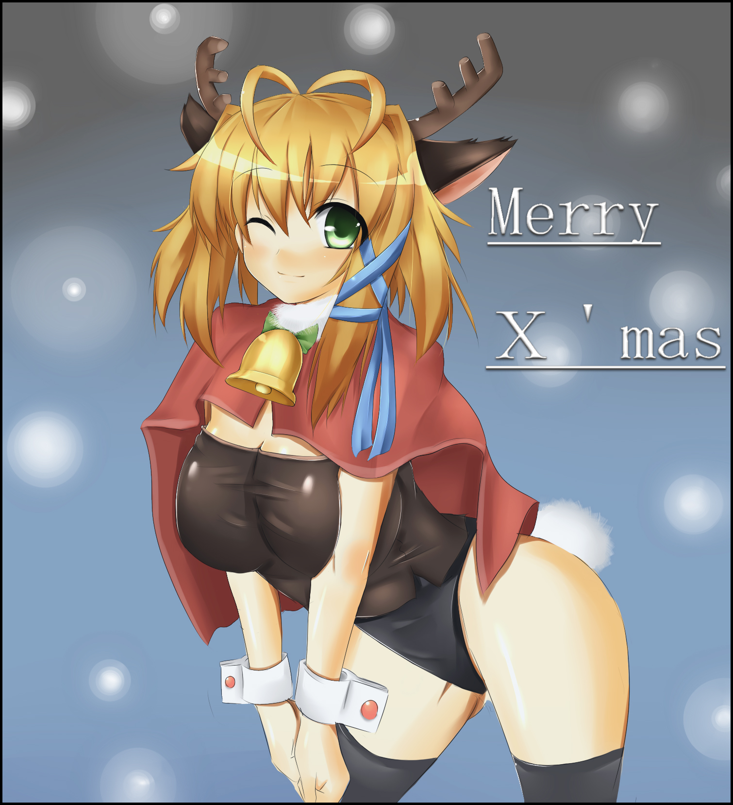 surikogi, original, highres, animal ears, antenna hair, antlers, bell, blonde hair, breasts, christmas, deergirl, green eyes, hair ribbon, horns, large breasts, one eye closed, ribbon, solo, thighhighs, wink, wrist cuffs