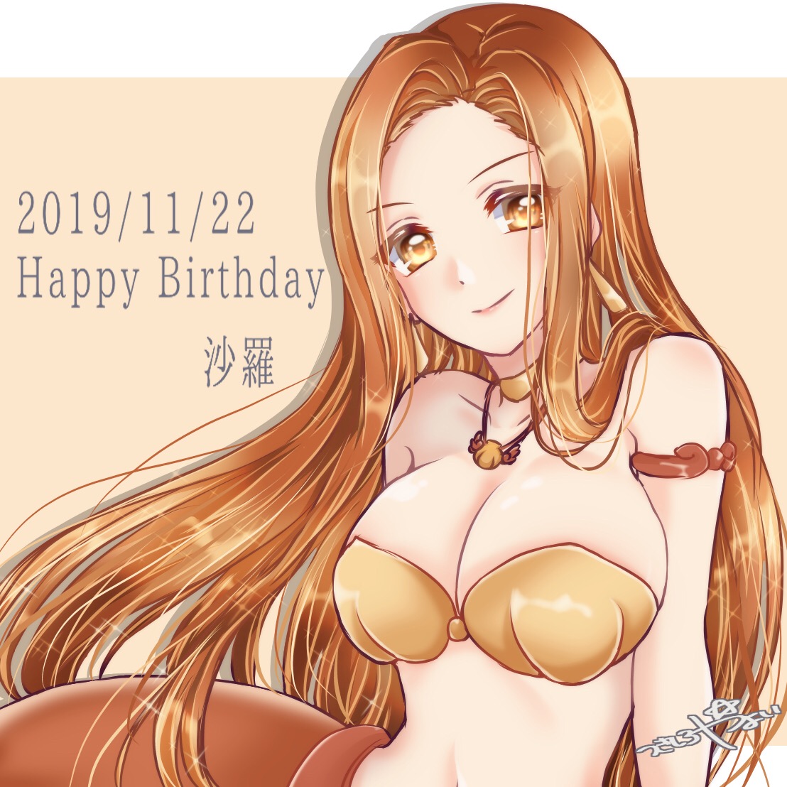 tsukishiro yayoi (yumeir0), sara (mermaid melody pichi pichi pitch), mermaid melody pichi pichi pitch, 1girl, armlet, bikini, blush, breasts, closed mouth, collarbone, dated, earrings, happy birthday, jewelry, large breasts, long hair, looking at viewer, mermaid, monster girl, necklace, orange bikini, orange eyes, orange hair, shell, shell bikini, shell necklace, smile, solo, stomach, swimsuit