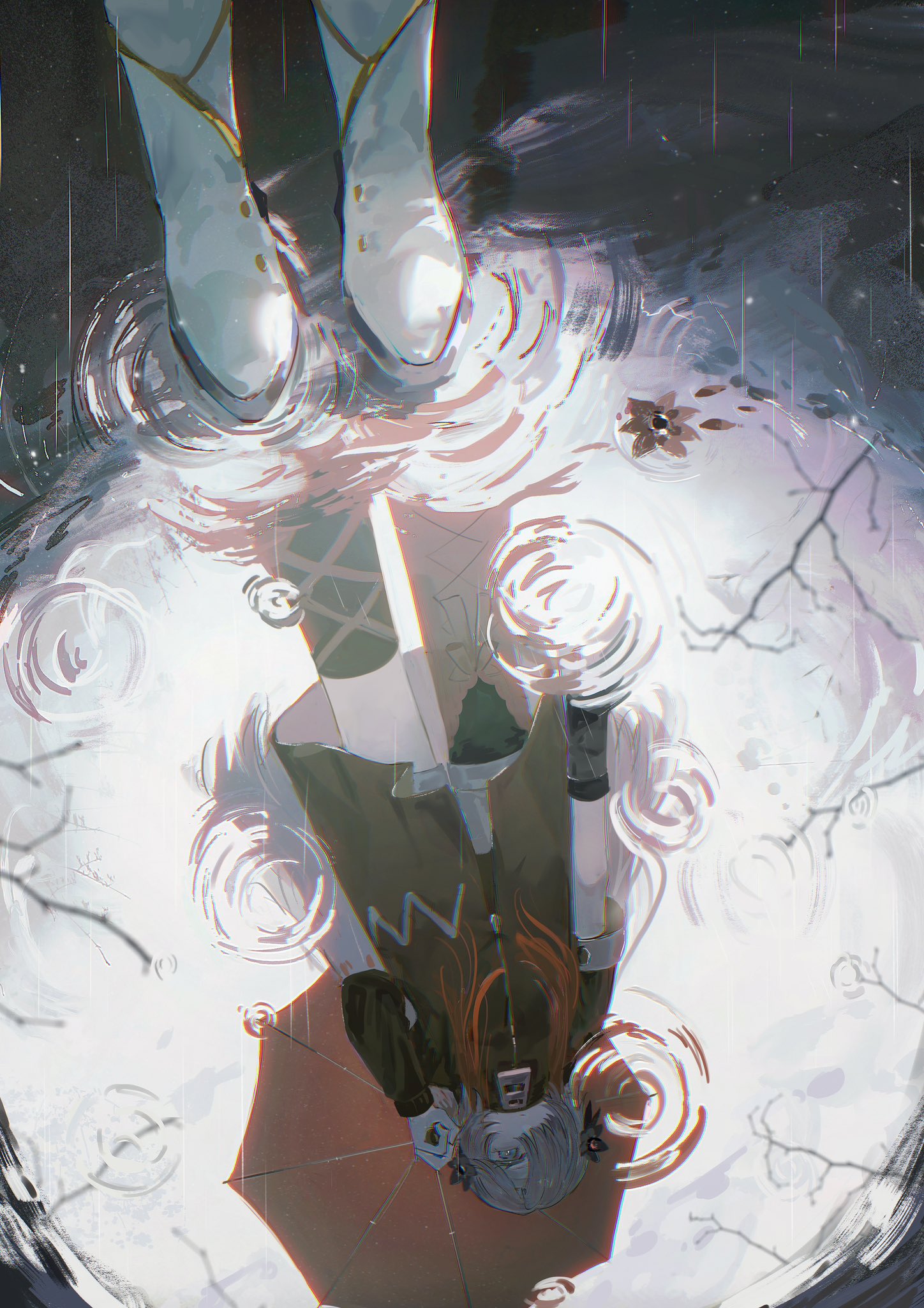 yu wyan, isekaijoucho, kamitsubaki studio, highres, 1girl, anemone (flower), black coat, boots, coat, expressionless, flower, grey eyes, grey hair, hair flower, hair ornament, hair over one eye, holding, holding umbrella, long hair, looking at viewer, looking down, multicolored hair, rain, red hair, reflection, ripples, solo, two-tone hair, umbrella, water