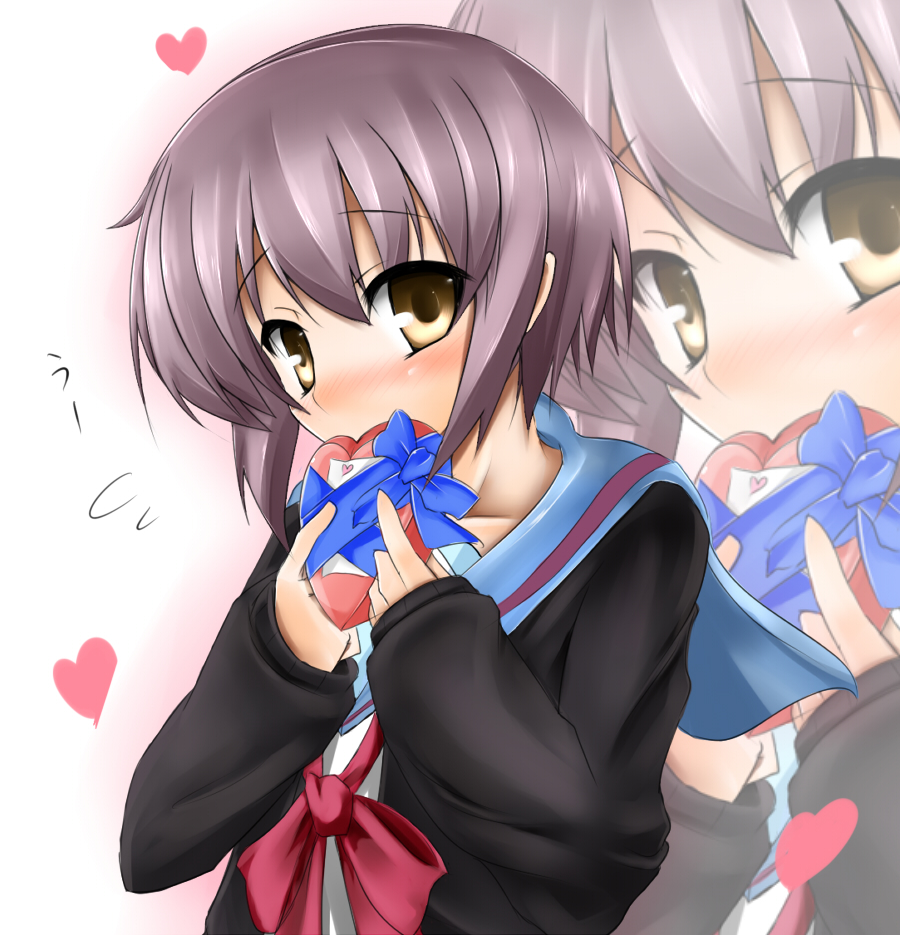 surikogi, nagato yuki, suzumiya haruhi no yuuutsu, silver hair, 00s, 1girl, blush, cardigan, embarrassed, female focus, gift, heart, holding, holding gift, school uniform, serafuku, short hair, solo, valentine, yellow eyes, zoom layer