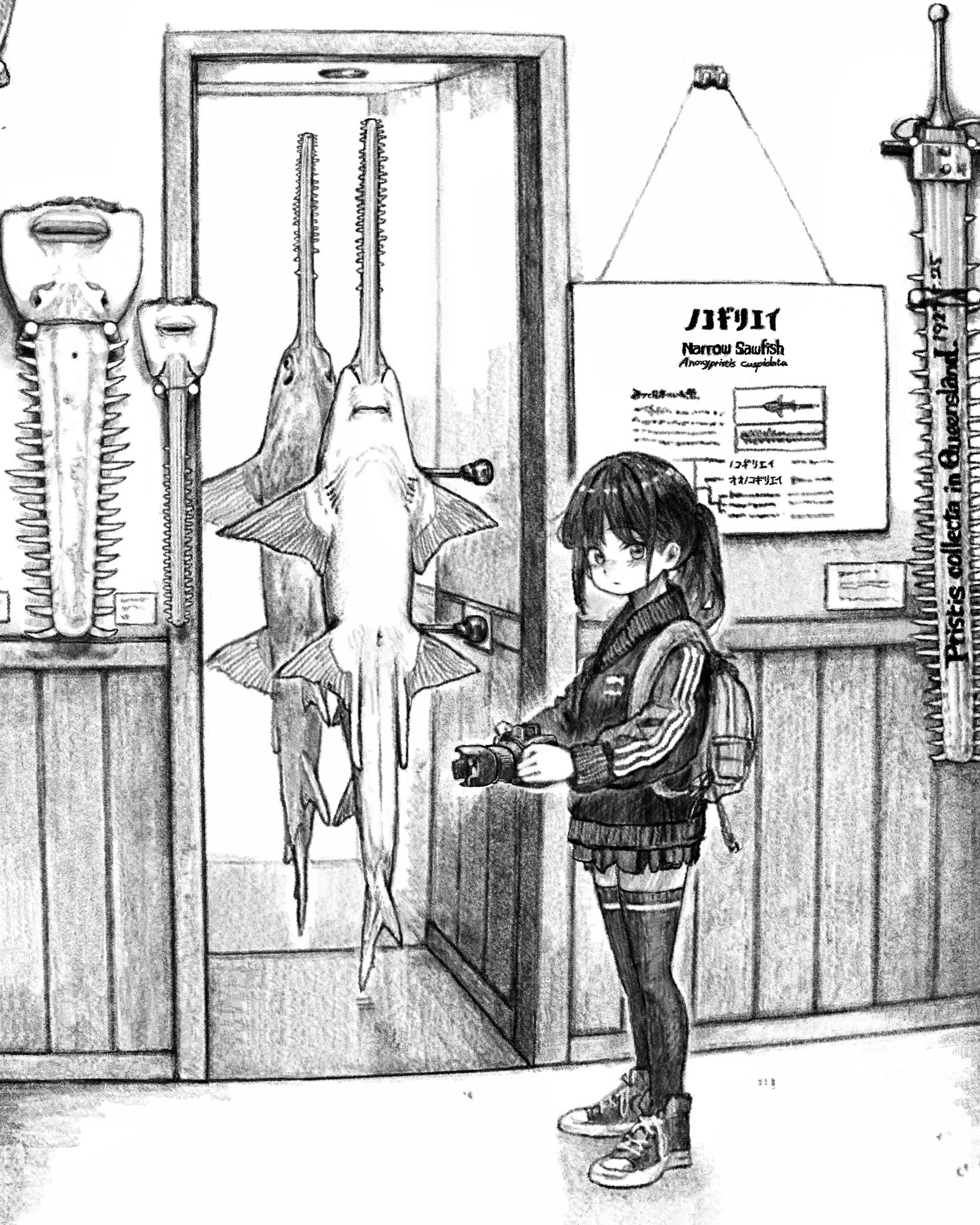 hiroya (hirogaya 02), original, commentary request, graphite (medium), highres, traditional media, 1girl, backpack, bag, camera, closed mouth, display, greyscale, holding, holding camera, indoors, jacket, long hair, long sleeves, looking at viewer, looking to the side, miniskirt, mirror, monochrome, museum, pleated skirt, ponytail, saw, sawfish, shoes, sign, skirt, sneakers, solo, standing, sword, thighhighs, weapon, wide shot