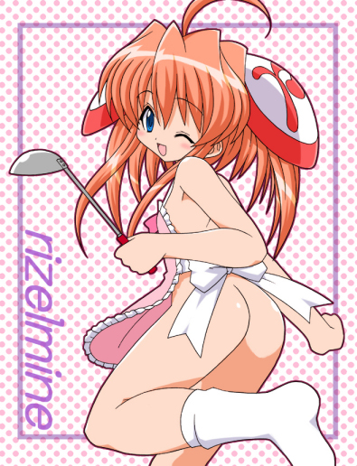 shishimaru ken'ya, rizel, rizelmine, 00s, apron, ass, blue eyes, loli, naked apron, nude, short hair, socks