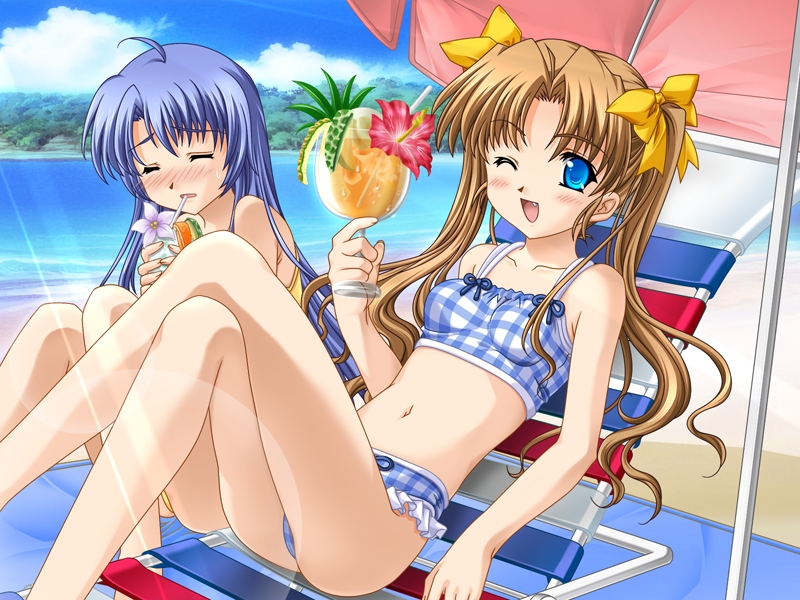 nakazato hikari, tomosaka suzuka, lamune, non-web source, 00s, 2girls, beach, bikini, blue eyes, blue hair, brown hair, chair, checkered bikini, checkered clothes, closed eyes, day, drink, fang, food, ice cream, long hair, lounge chair, multiple girls, one eye closed, outdoors, plaid bikini, plaid clothes, swimsuit, twintails, wink