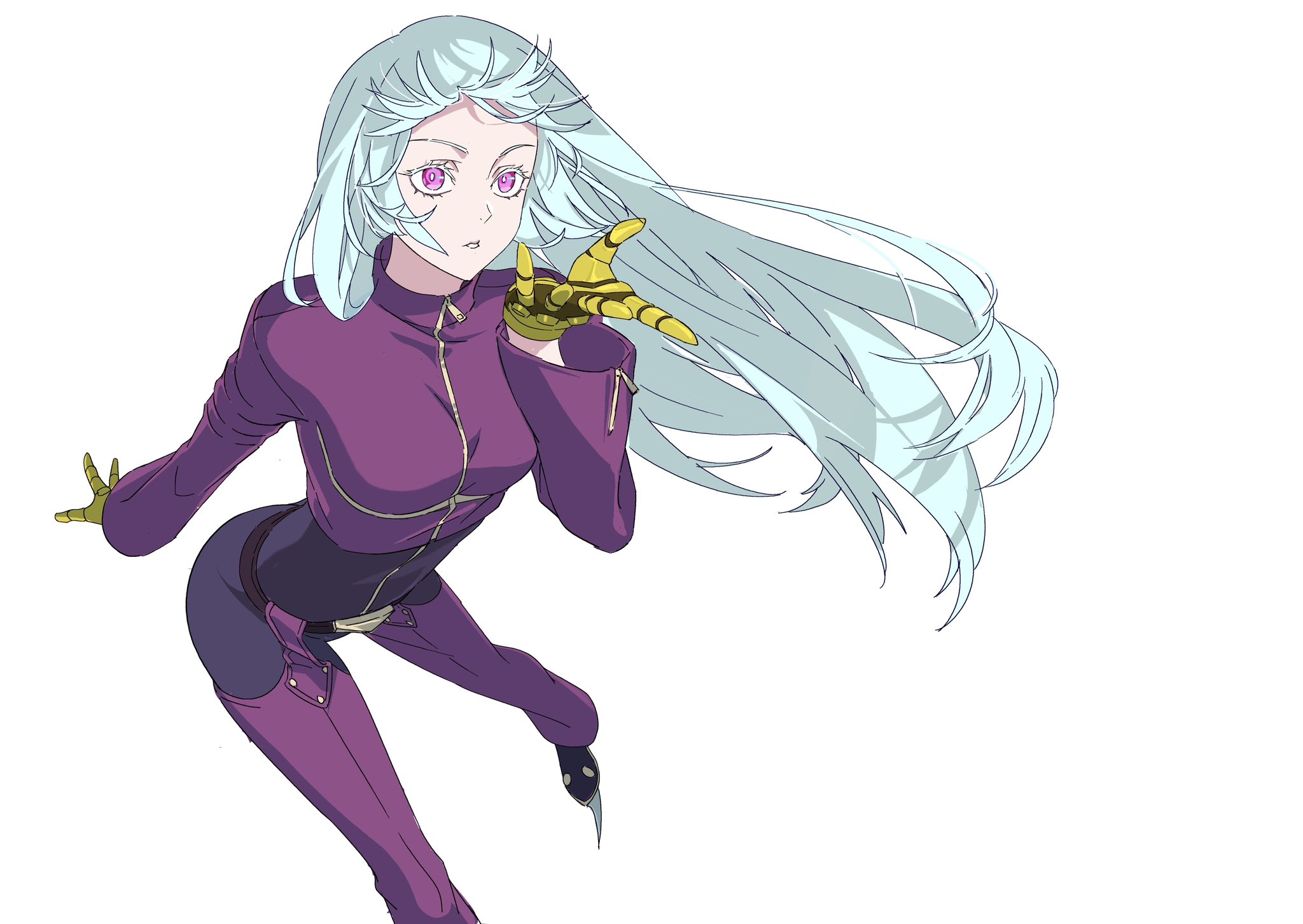 kanknive, kula diamond, the king of fighters, highres, 1girl, aqua hair, armored gloves, black bodysuit, black shoes, blowing kiss, bodysuit, breasts, chaps, foot out of frame, gold gloves, jacket, long hair, long sleeves, medium breasts, parted lips, purple eyes, purple jacket, purple thighhighs, shoes, solo, thighhighs