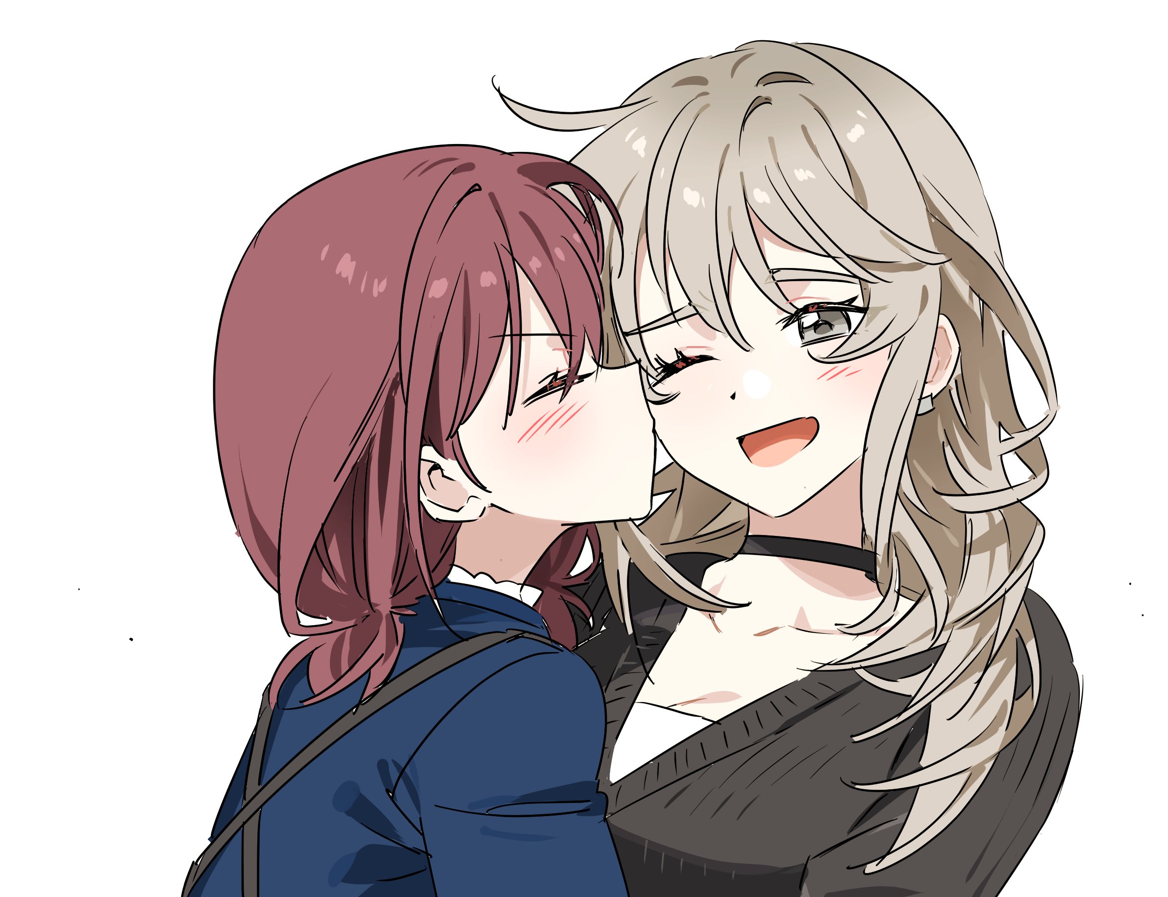 habsida (habsida hpy), iseri nina, kawaragi momoka, girls band cry, commentary, highres, 2girls, black choker, black sweater, blue shirt, blush, choker, closed eyes, grey eyes, grey hair, kiss, kissing cheek, long hair, multiple girls, one eye closed, open mouth, red hair, shirt, short twintails, simple background, smile, sweater, twintails, upper body, white background, yuri