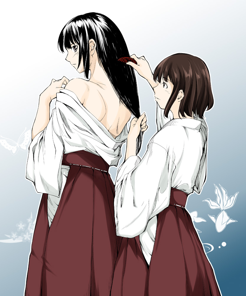 kawamura tsukasa, 2girls, back, bare back, bare shoulders, black hair, blush, brown hair, brushing hair, bug, butterfly, clothing cutout, comb, cowboy shot, female focus, fish, gradient background, hakama, hakama skirt, hip vent, insect, japanese clothes, long hair, miko, multiple girls, off shoulder, short hair, skirt, standing