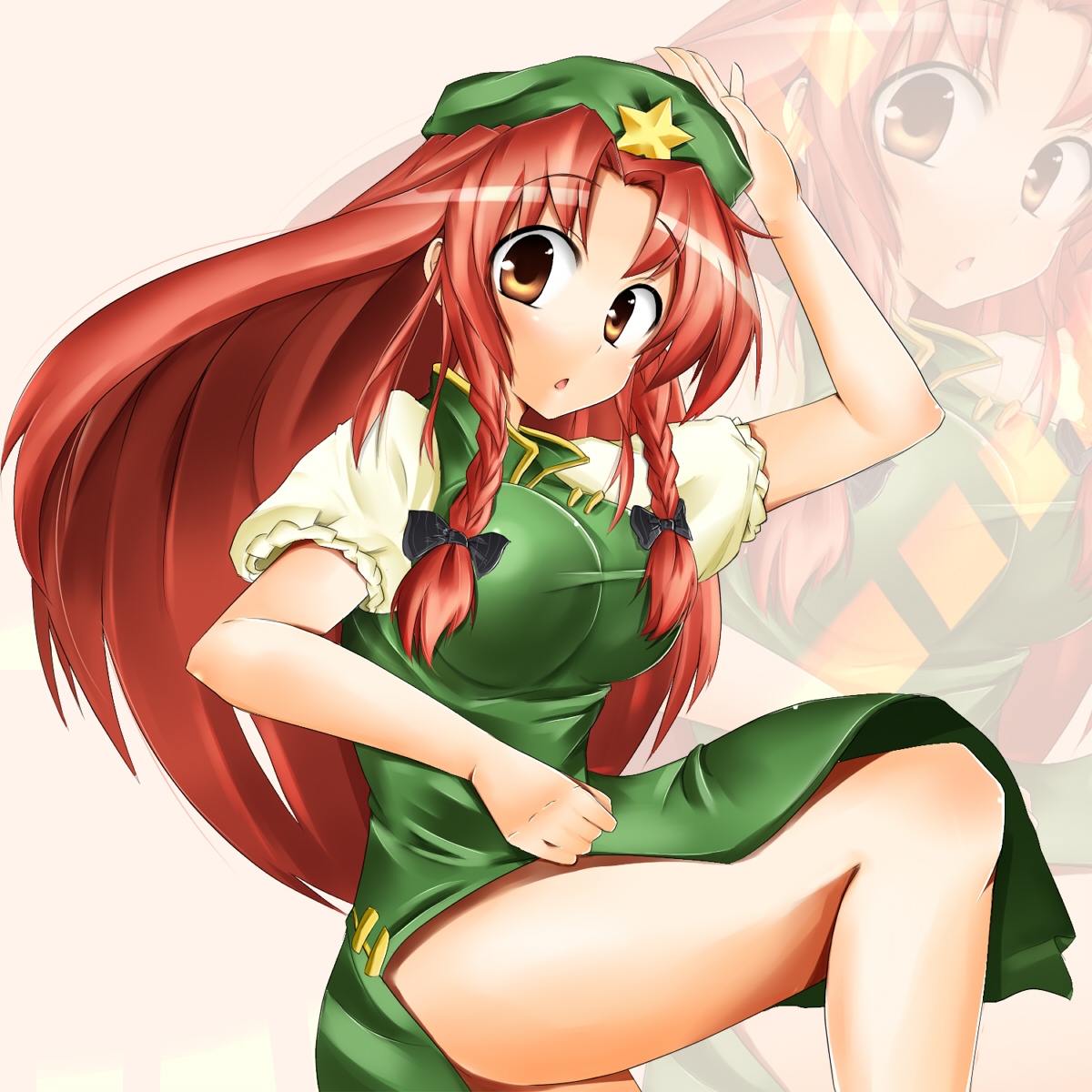surikogi, hong meiling, immaterial and missing power, touhou, highres, 1girl, braid, breasts, dress, female focus, hair ribbon, hat, legs, long hair, red hair, ribbon, solo, twin braids, zoom layer