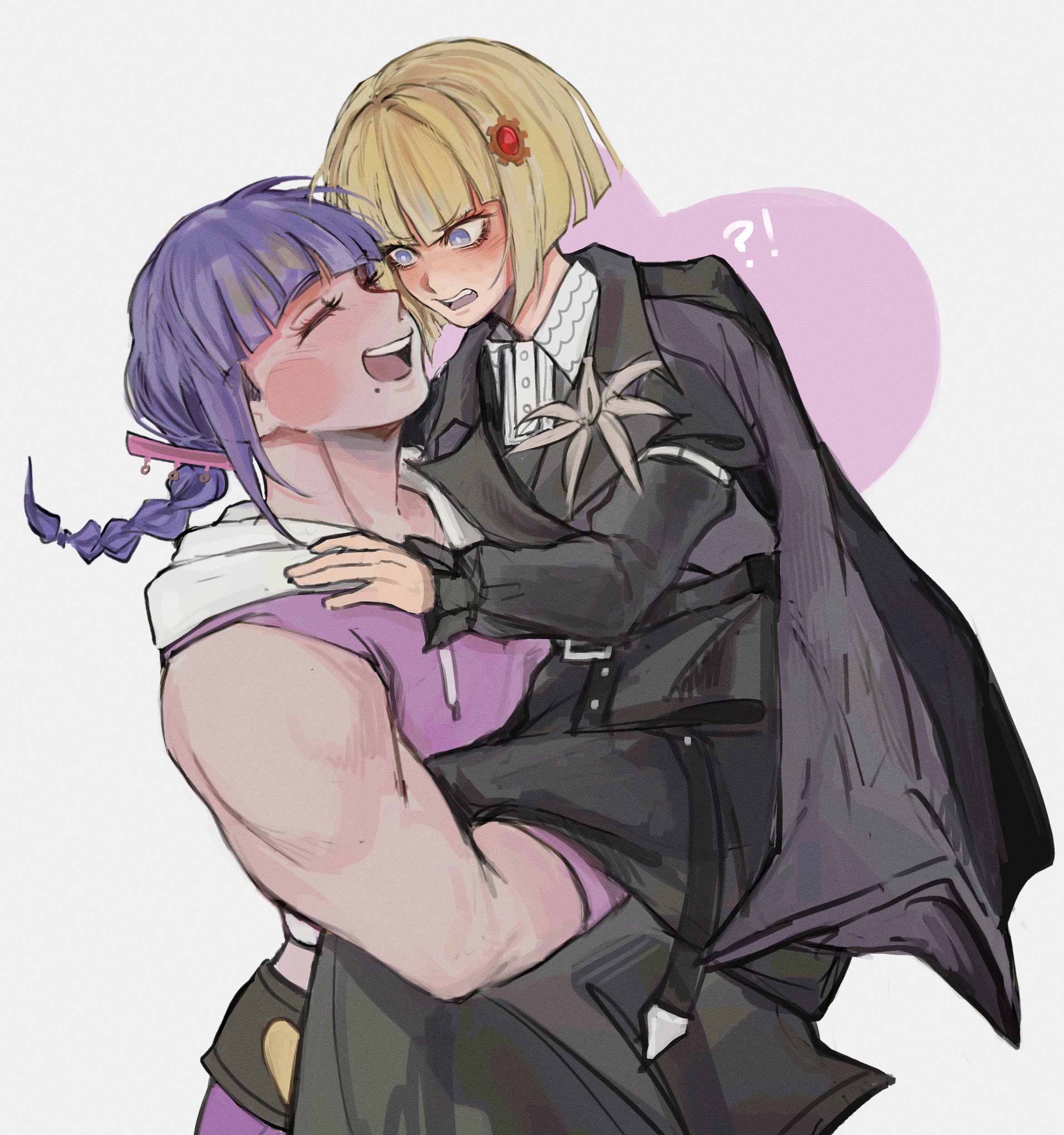 anaizzzen, mojiro moko, oosuzuki kurara, the hundred line -last defense academy-, absurdres, highres, !?, 2girls, :d, black dress, blonde hair, blue eyes, blush, braid, bright pupils, carrying, carrying person, closed eyes, dress, gem, gem hair ornament, hood, hoodie, medium hair, multiple girls, muscular, muscular female, open mouth, pink background, pink hoodie, red gemstone, short hair, sleeveless, sleeveless hoodie, smile, teeth, two-tone background, upper teeth only, white background, white pupils