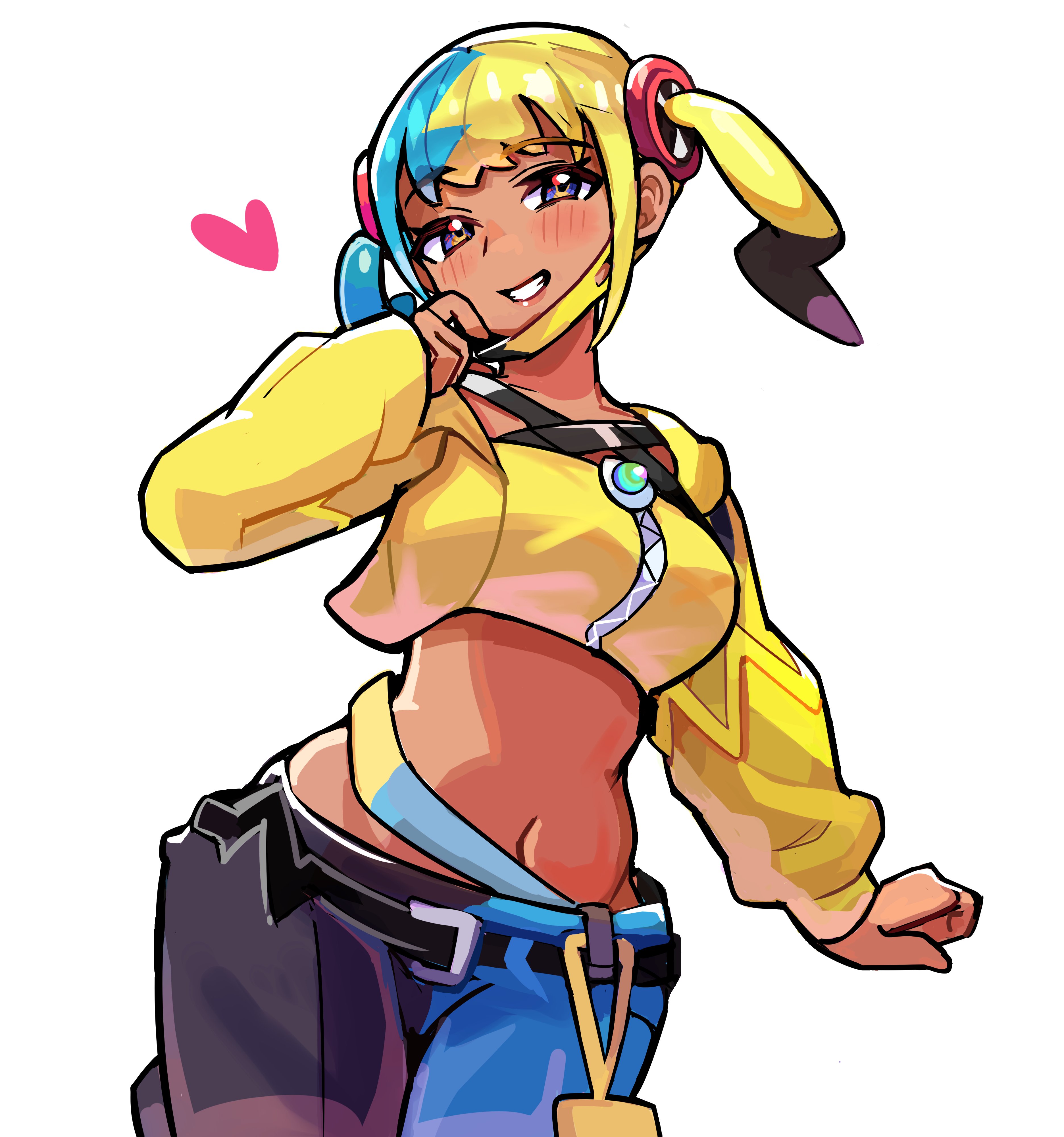 spyg, canari (pokemon), nintendo, pokemon, pokemon legends: z-a, absurdres, highres, 1girl, aqua hair, bandeau, belt, black belt, black mask, black pants, blonde hair, blue pants, blush, breasts, criss-cross halter, crop top, grin, halterneck, heart, jacket, long sleeves, looking at viewer, mask, mask pull, medium breasts, midriff, mouth mask, multicolored hair, navel, open clothes, open jacket, open mouth, pants, smile, solo, split-color hair, teeth, twintails, two-tone hair, two-tone mask, yellow bandeau, yellow jacket, yellow mask