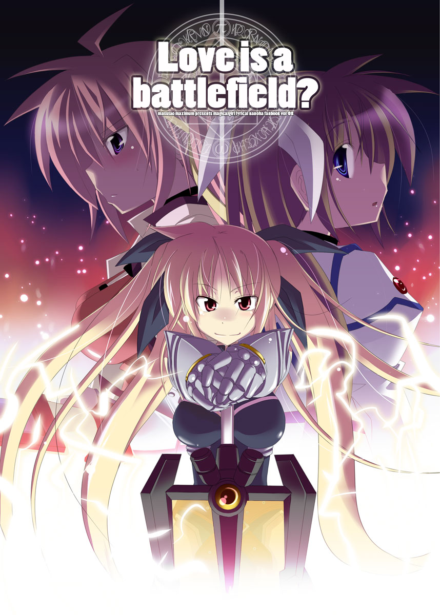 kazekawa nagi, lam, bardiche (nanoha), bardiche (zanber form) (nanoha), fate testarossa, fate testarossa (true sonic form), signum, takamachi nanoha, lyrical nanoha, mahou shoujo lyrical nanoha, mahou shoujo lyrical nanoha strikers, highres, 00s, 3girls, ahoge, armor, blonde hair, blue eyes, blush, breasts, energy, english text, expressionless, gauntlets, hair ribbon, large breasts, long hair, magic circle, magical girl, multiple girls, profile, red eyes, ribbon, smile, sword, twintails, very long hair, weapon