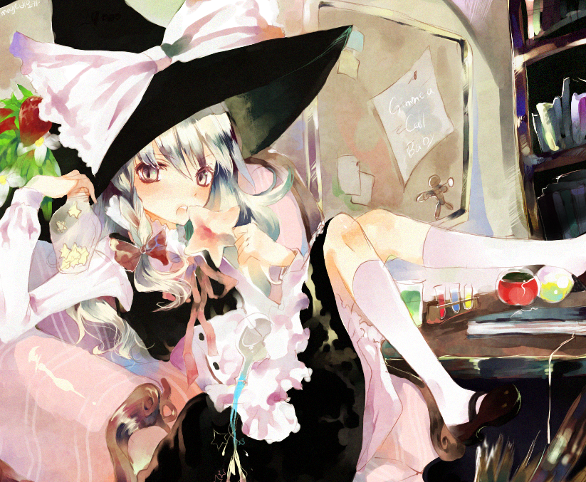 prino hawell, kirisame marisa, touhou, bad id, bad pixiv id, 1girl, blonde hair, book, braid, doll, eating, english text, female focus, hair ribbon, hat, ribbon, solo, star (symbol), test tube, voodoo doll, witch, witch hat
