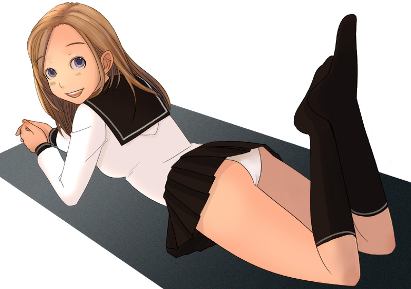 kiriman (souldeep), 1girl, black eyes, brown hair, cameltoe, feet, female focus, kneehighs, lying, miniskirt, on stomach, own hands clasped, own hands together, panties, pantyshot, school uniform, serafuku, skirt, smile, socks, solo, underwear