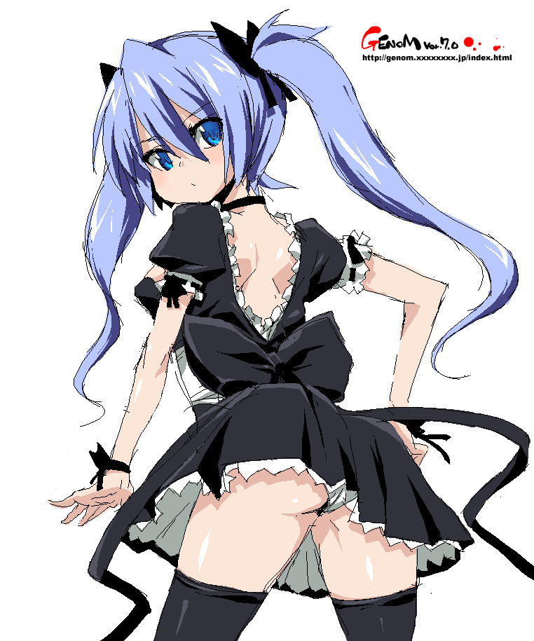 onija tarou, ass, backless dress, backless outfit, black thighhighs, blue eyes, blue hair, choker, cowboy shot, dress, from behind, hair between eyes, long hair, looking back, oekaki, panties, simple background, solo, thighhighs, twintails, underwear, watermark, web address, white background, white panties, zettai ryouiki