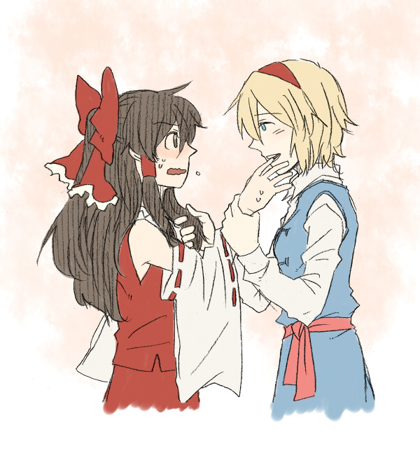 torinone, alice margatroid, hakurei reimu, touhou, 2girls, blonde hair, blue eyes, blush, brown eyes, brown hair, detached sleeves, female focus, hair ribbon, hairband, japanese clothes, long hair, miko, multiple girls, ribbon, role reversal, short hair