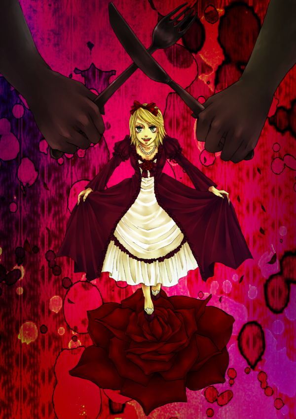 mota (melancholy-red), mota (pixiv345370), kagamine rin, riliane lucifen d'autriche, aku no musume (vocaloid), evillious nendaiki, vocaloid, bad id, bad pixiv id, 1girl, female focus, flower, fork, knife, rose, solo