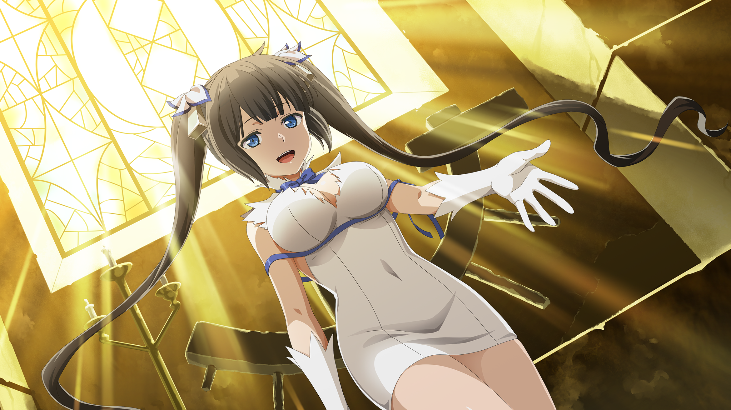 hestia (danmachi), danmachi battle chronicle, dungeon ni deai wo motomeru no wa machigatteiru darou ka, game cg, highres, non-web source, official art, 1girl, :d, anime coloring, bell, black hair, blue bow, blue bowtie, blue eyes, blue ribbon, blunt bangs, bow, bowtie, breasts, candlestand, cleavage cutout, clothing cutout, covered navel, dress, gloves, hair bell, hair ornament, hair ribbon, indoors, large breasts, long hair, looking at viewer, offering hand, open mouth, pencil dress, reaching, reaching towards viewer, rei no himo, ribbon, short dress, sleeveless, sleeveless dress, smile, solo, stained glass, tight clothes, tight dress, twintails, white dress, white gloves