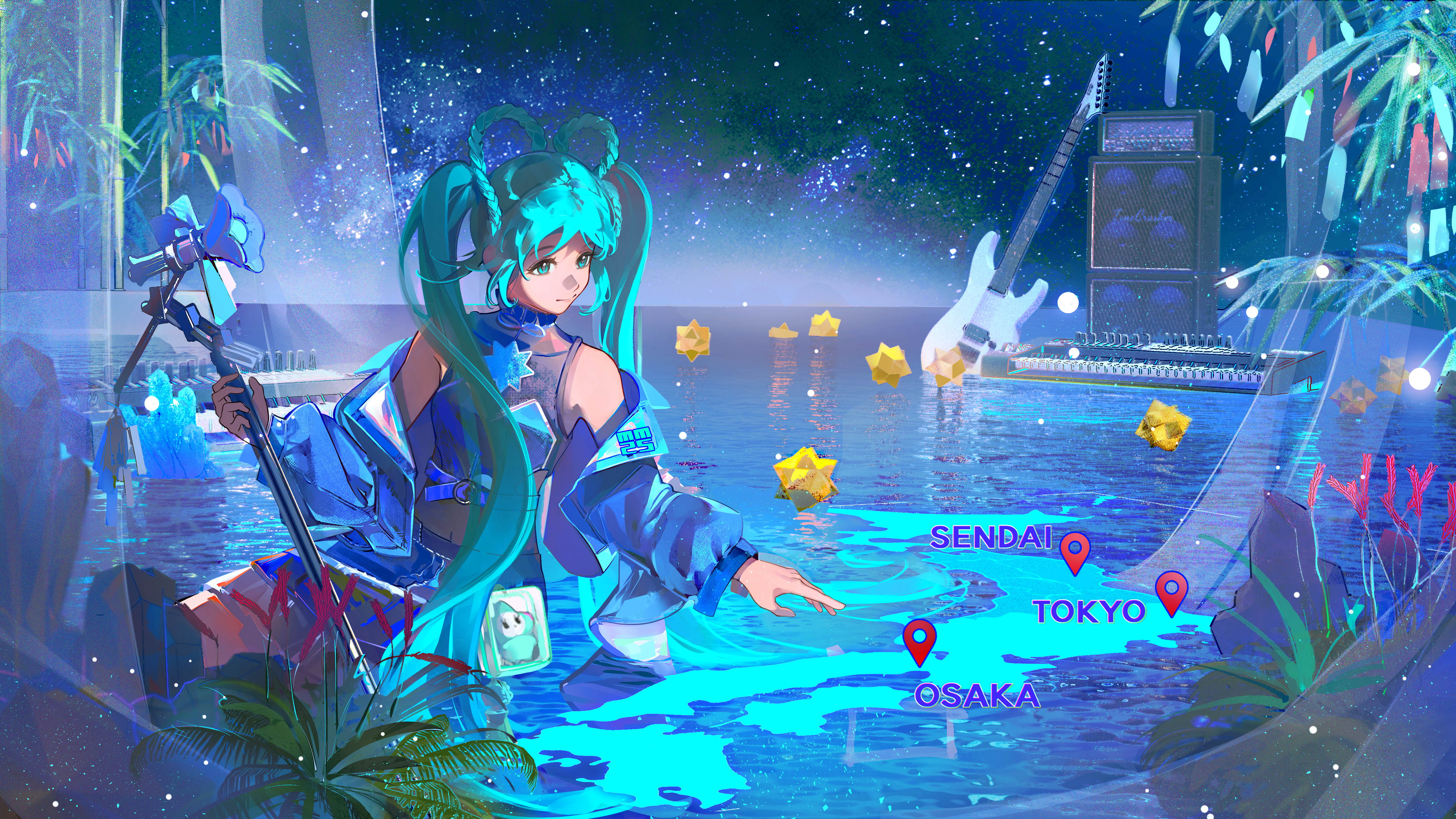 hatsune miku, magical mirai miku, magical mirai miku (2025), magical mirai (vocaloid), vocaloid, absurdres, highres, annahy 48, aqua eyes, aqua hair, blue jacket, blue skirt, braid, braided hair rings, closed mouth, crop top, guitar, hair rings, holding, holding microphone stand, instrument, jacket, long hair, microphone, microphone stand, official alternate costume, official alternate hairstyle, open clothes, open jacket, shirt, skirt, sleeveless, sleeveless shirt, small stellated dodecahedron, smile, tanabata, twintails, very long hair