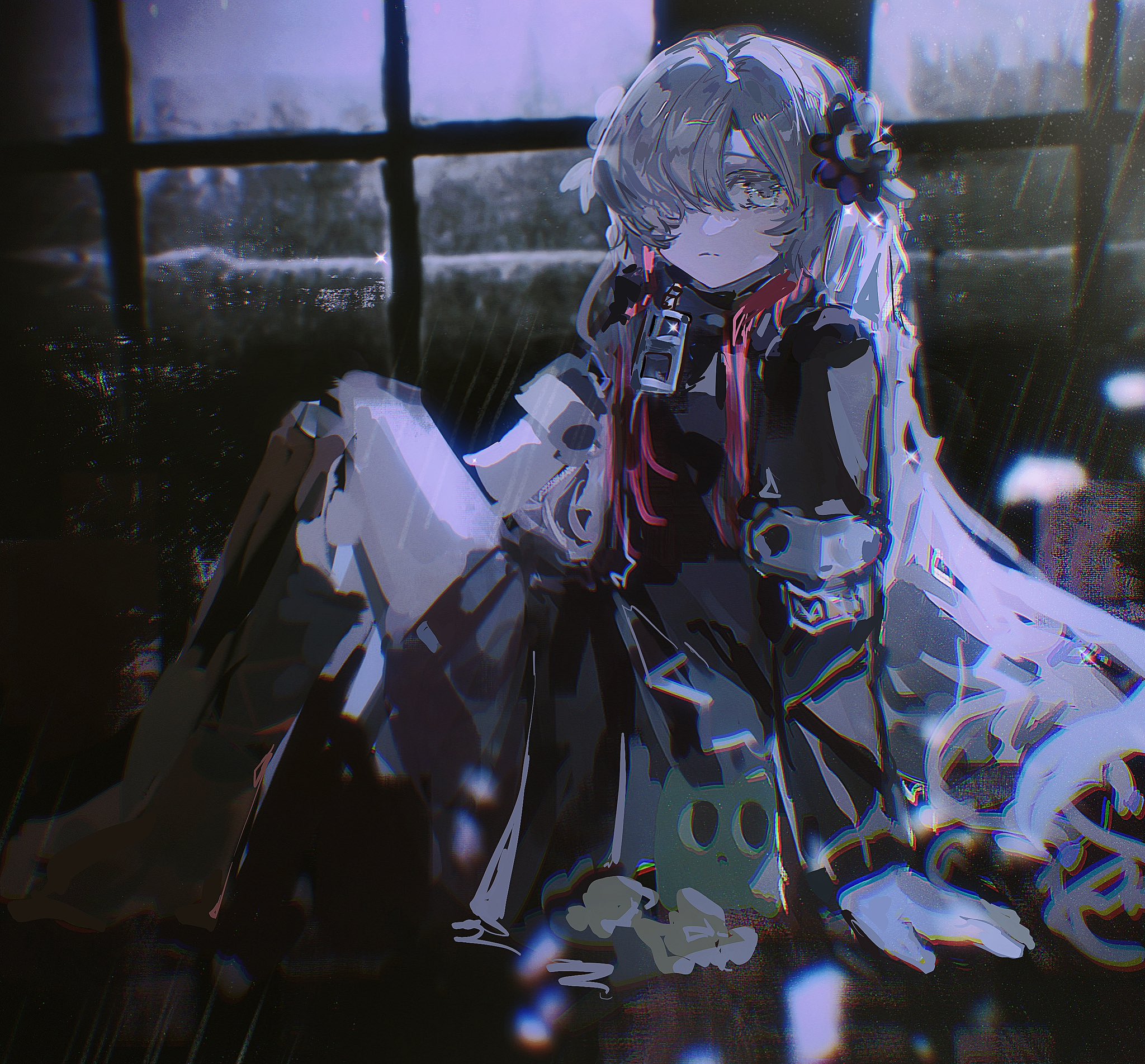 yu wyan, isekaijoucho, kamitsubaki studio, highres, 1girl, black coat, boots, coat, creature, expressionless, gomidasu (kamitsubaki studio), grey eyes, grey hair, hair ornament, hair over one eye, long hair, looking at viewer, multicolored hair, rain, red hair, sitting, sketch, two-tone hair, very long hair, window
