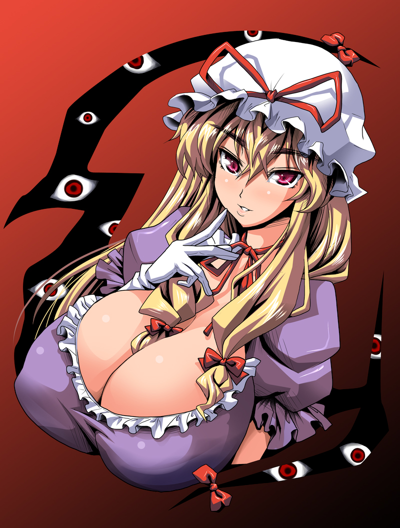kloah, yakumo yukari, touhou, 1girl, between breasts, blonde hair, breasts, cleavage, female focus, gap (touhou), gloves, hat, huge breasts, long hair, pink eyes, ribbon, solo, white gloves