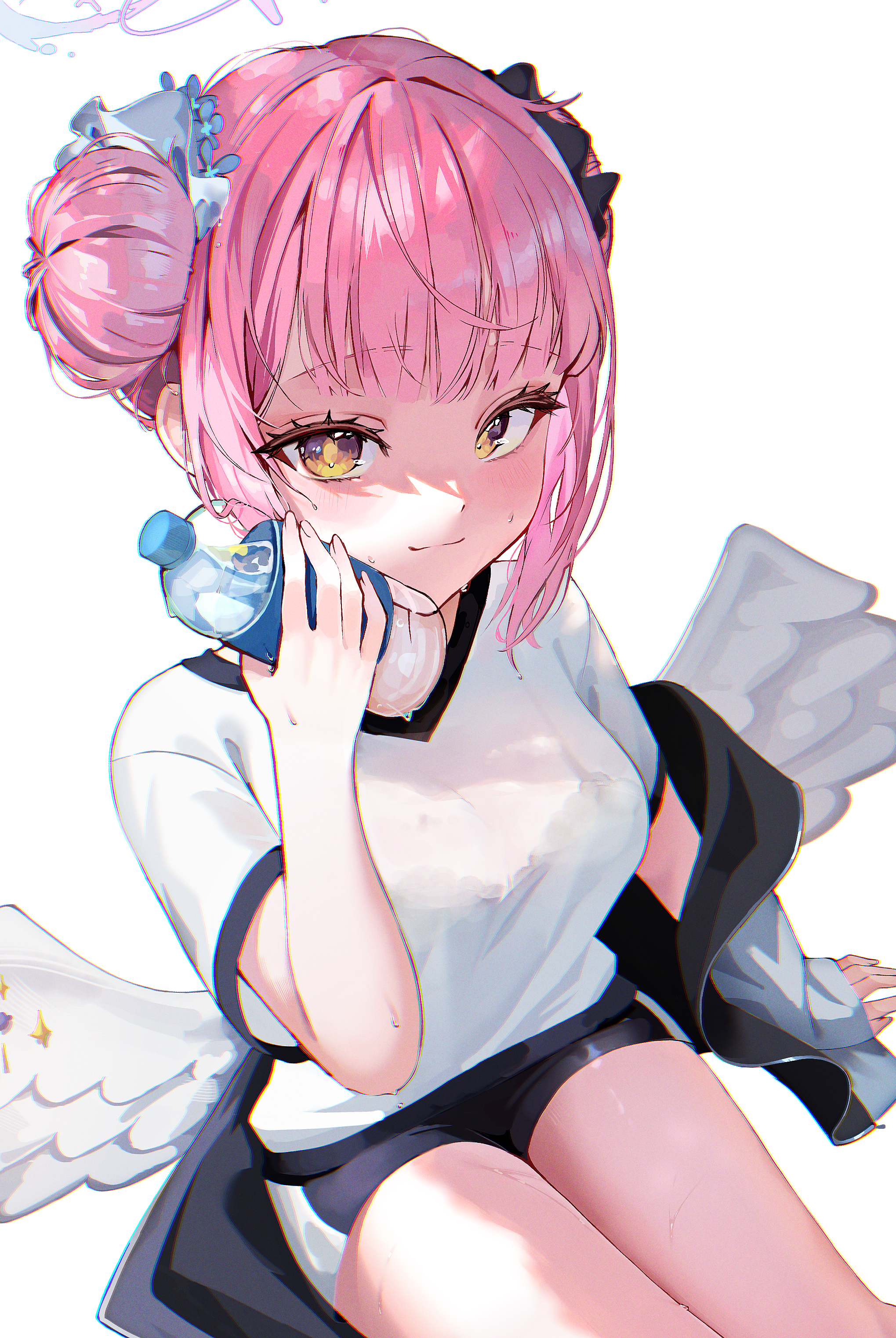 matutake 777, mika (blue archive), mika (track) (blue archive), blue archive, absurdres, highres, 1girl, angel wings, black shorts, blush, bottle, breasts, gym uniform, hair bun, hair tie, halo, holding, holding bottle, long hair, looking at viewer, low wings, pink hair, pink halo, shirt, short shorts, shorts, simple background, sitting, solo, sweat, thighs, water bottle, white background, white shirt, wings, yellow eyes