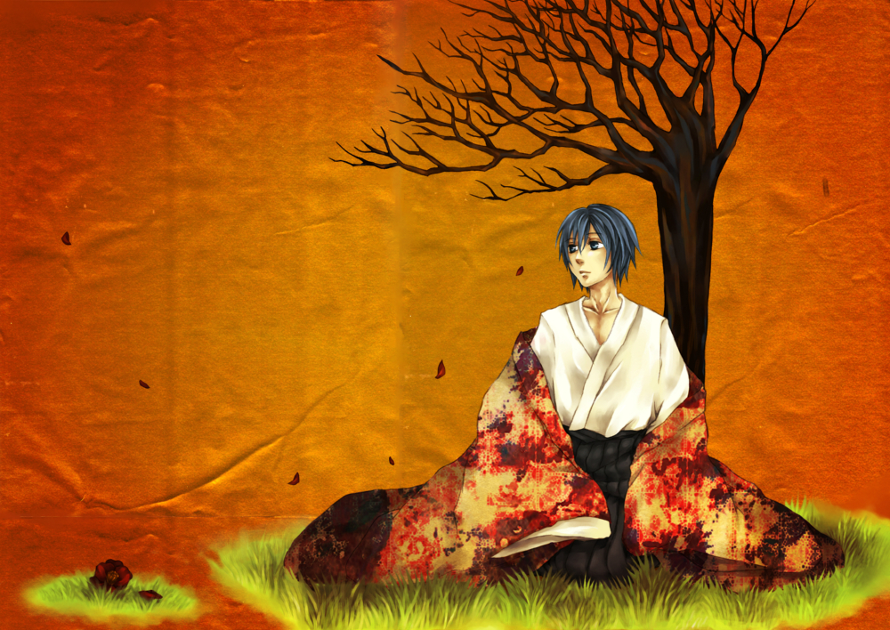 mota (melancholy-red), mota (pixiv345370), kaito (vocaloid), vocaloid, bad id, bad pixiv id, 1boy, crease, japanese clothes, male focus, petals, solo, tree