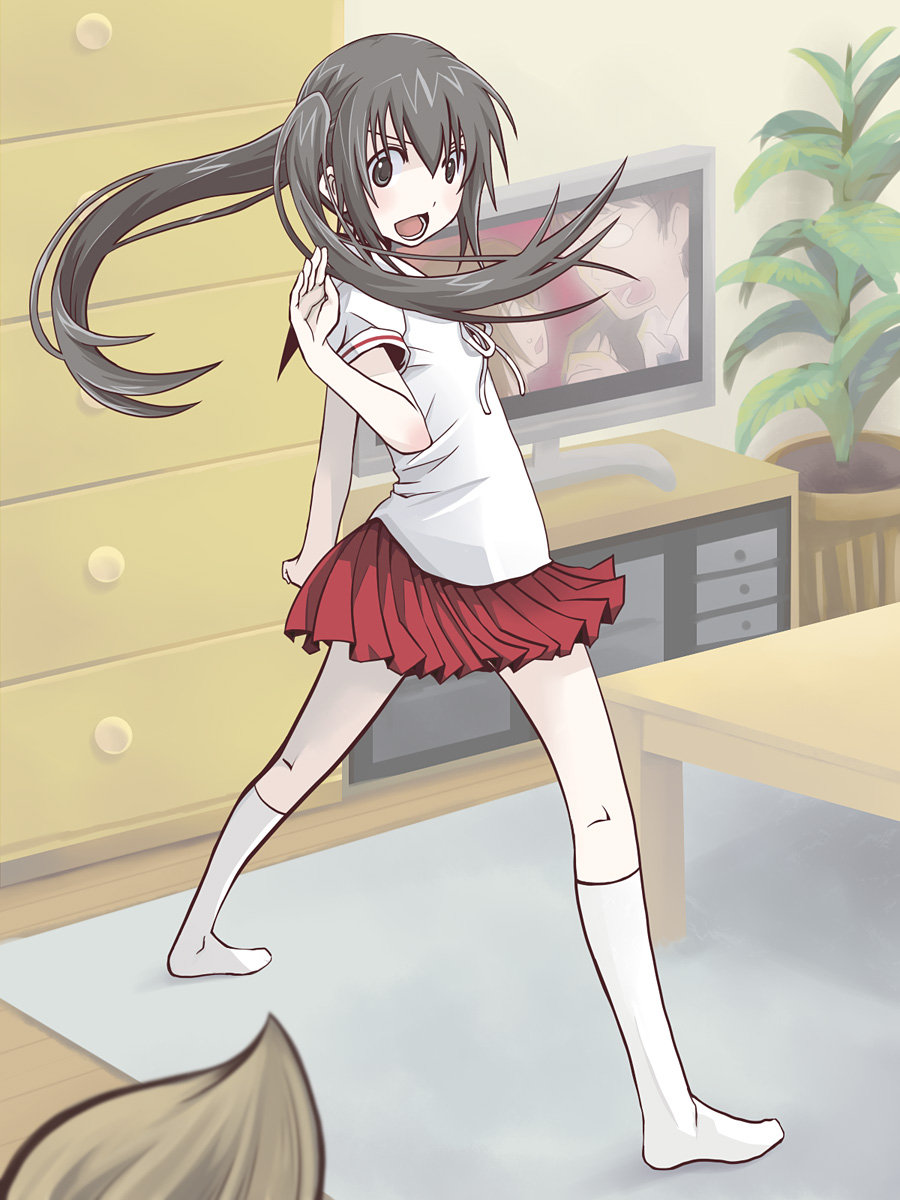 kintaro, minami chiaki, minami kana, minami-ke, bad id, bad pixiv id, highres, 00s, 1girl, ahoge, black eyes, black hair, feet, kneehighs, school uniform, skirt, socks, solo focus, twintails, white socks