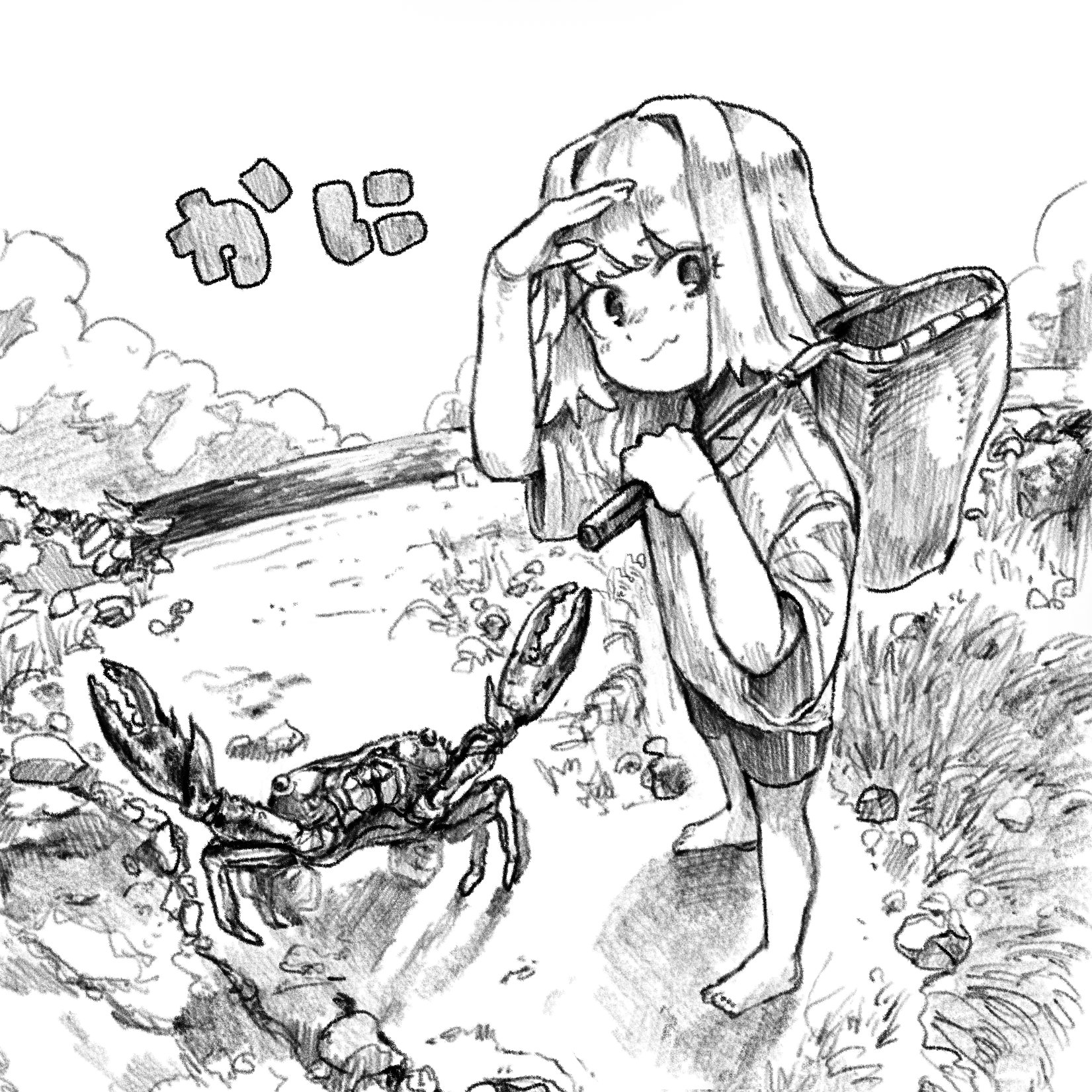 hiroya (hirogaya 02), graphite (medium), highres, traditional media, translated, 1girl, barefoot, beach, closed mouth, cloud, crab, fang, fisheye, grass, greyscale, holding net, horizon, kiriko (ryuukyuu kani tanbou), looking at viewer, looking to the side, monochrome, ocean, outdoors, pebble, ryuukyuu kani tanbou, shading eyes, shirt, short hair, short sleeves, shorts, skin fang, smirk, solo, standing, t-shirt