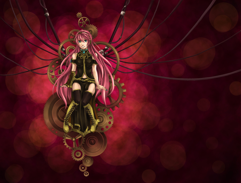 mota (melancholy-red), mota (pixiv345370), megurine luka, vocaloid, bad id, bad pixiv id, 1girl, female focus, gears, long hair, pink hair, solo, thighhighs, very long hair