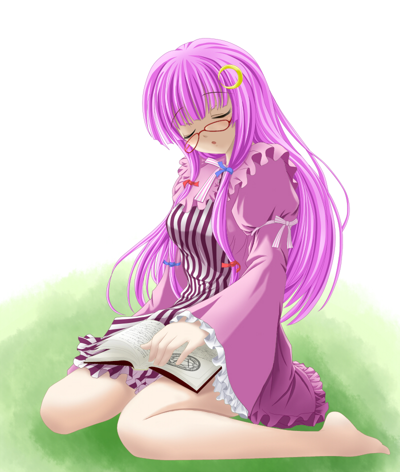nekokotei, patchouli knowledge, touhou, striped, bad id, bad pixiv id, 1girl, barefoot, bespectacled, book, closed eyes, crescent, crescent hair ornament, female focus, glasses, hair ornament, long hair, no headwear, pentagram, purple hair, sitting, solo, wariza