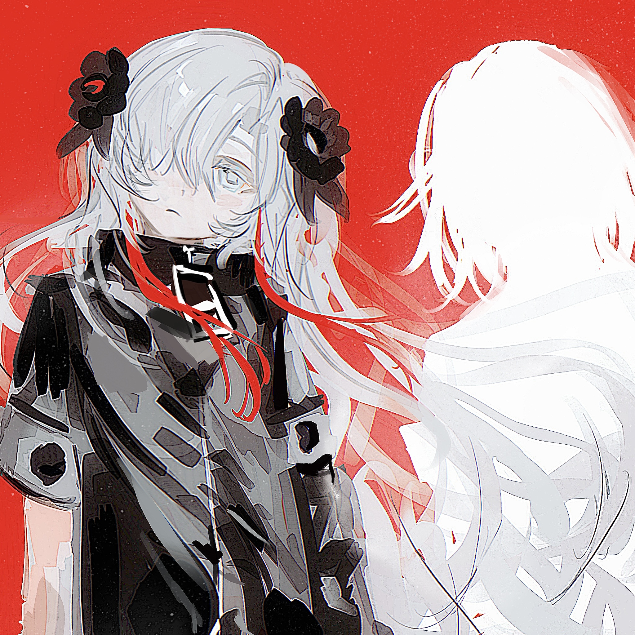 yu wyan, isekaijoucho, kamitsubaki studio, highres, 2girls, black coat, coat, dual persona, expressionless, flower, grey eyes, grey hair, hair flower, hair ornament, hair over one eye, long hair, looking at viewer, multicolored hair, multiple girls, red background, red hair, silhouette, sketch, two-tone hair, upper body, very long hair